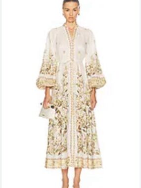 Calypso St. Barth Ivory & Gold Embellished Maxi Dress from Anthropologie Sz L